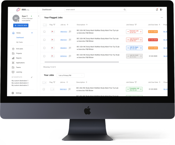MySGS next-gen dashboard concept on desktop — configurable work surface for PMs